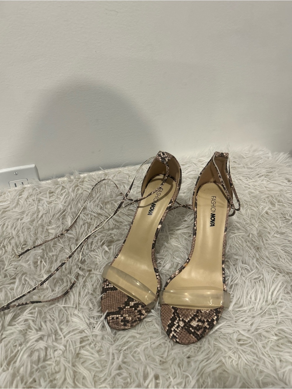 Fashion Nova Brown Snake-Print Ankle Tie Heels with Clear Strap